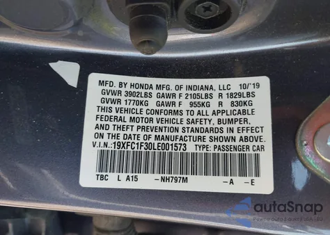 2020 Honda Civic Ex from USA, damaged, VIN 19XFC1F30LE001573